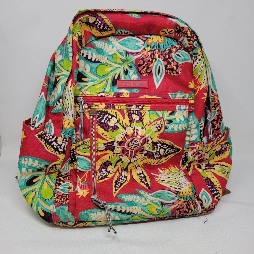 Vera Bradley Backpack Womens Medium‎ Red Floral Canvas Pockets Zip School Travel